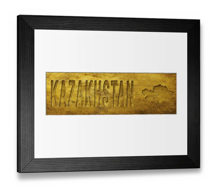 Framed Print : Kazakhstan Map and Text on Grunge Gold Texture