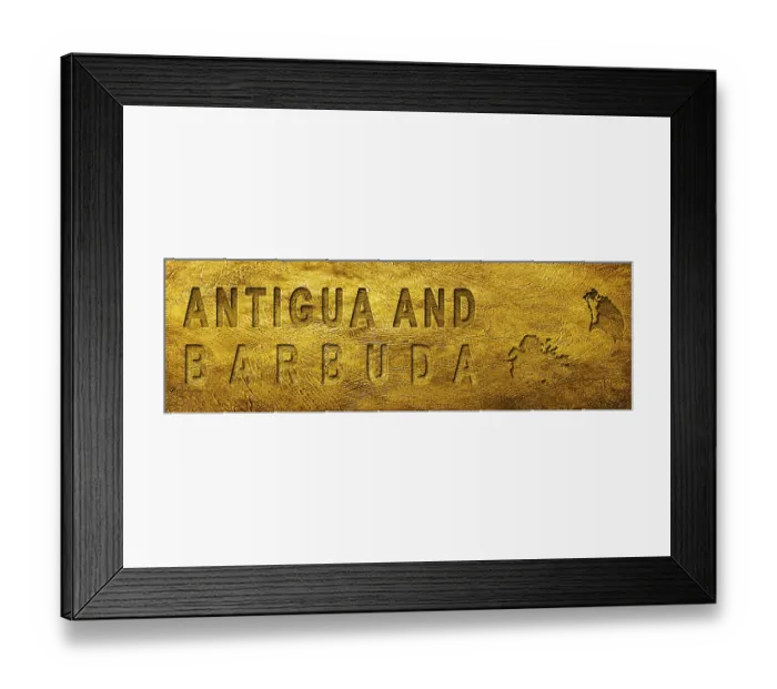 Framed Print : Antigua and Barbuda Map and Text on Grunge Gold Texture