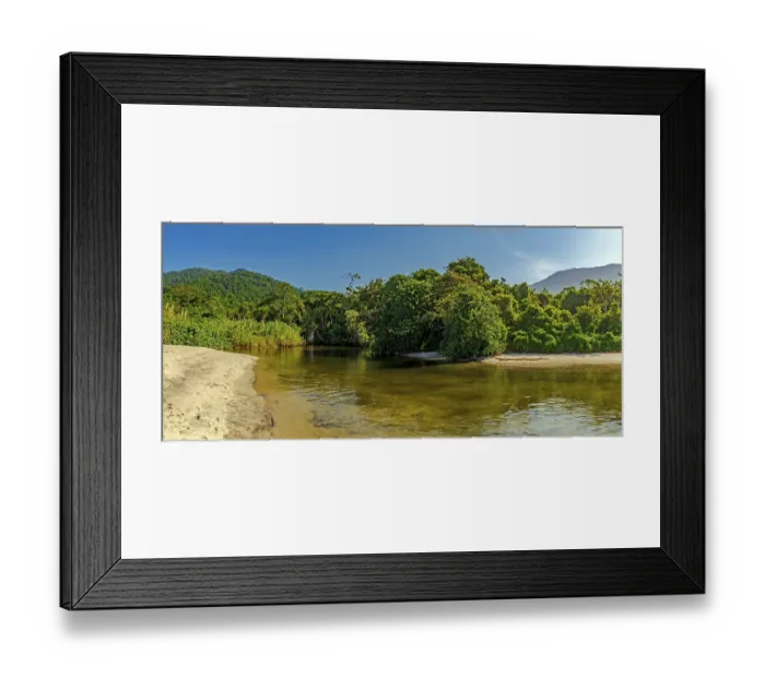 Framed Print : River through the rainforest flowing into Castelhaos beach on Ilhabela island in Sao Paulo