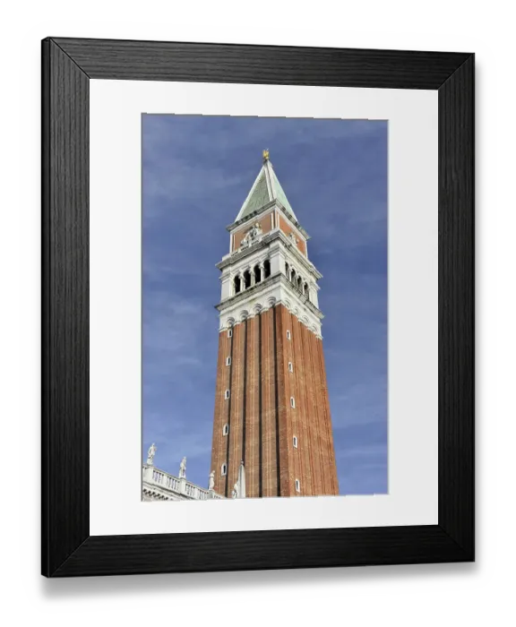 Framed Print : Venice, Veneto, Italy, Europe, A tall brick tower stretches out against a clear blue sky