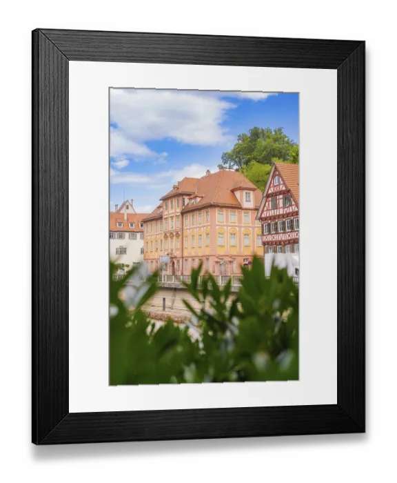 Framed Print : Half-timbered houses with gables under a blue sky