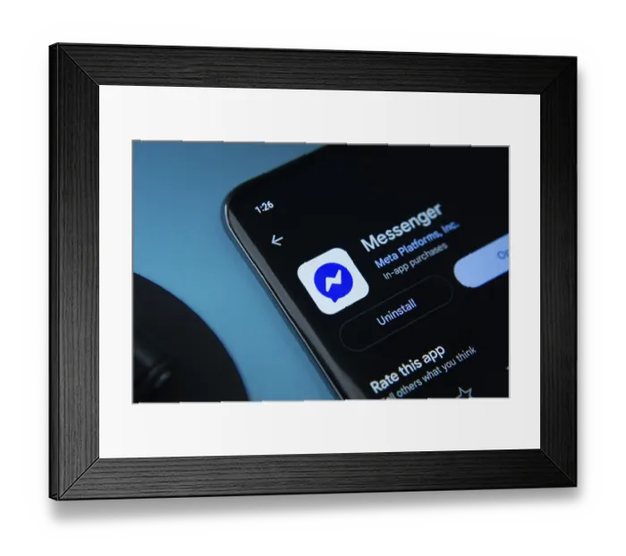 Framed Print : Dhaka, Bangladesh- 17 March 2025: The messenger app from Google Playstore is displayed on a smartphone screen Framed Print : Dhaka, Bangladesh- 17 March 2025: The messenger app from Google Playstore is displayed on a smartphone screen