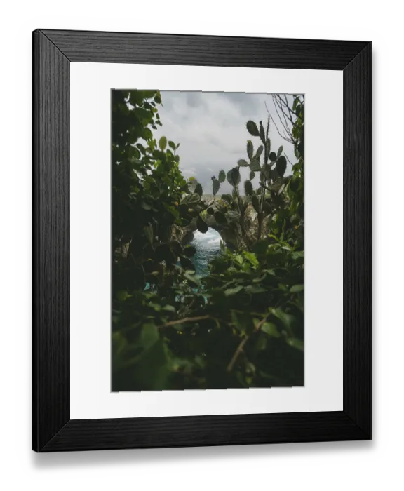 Framed Print : Mysterious view of a rock arch through dense vegetation with churning sea in the background