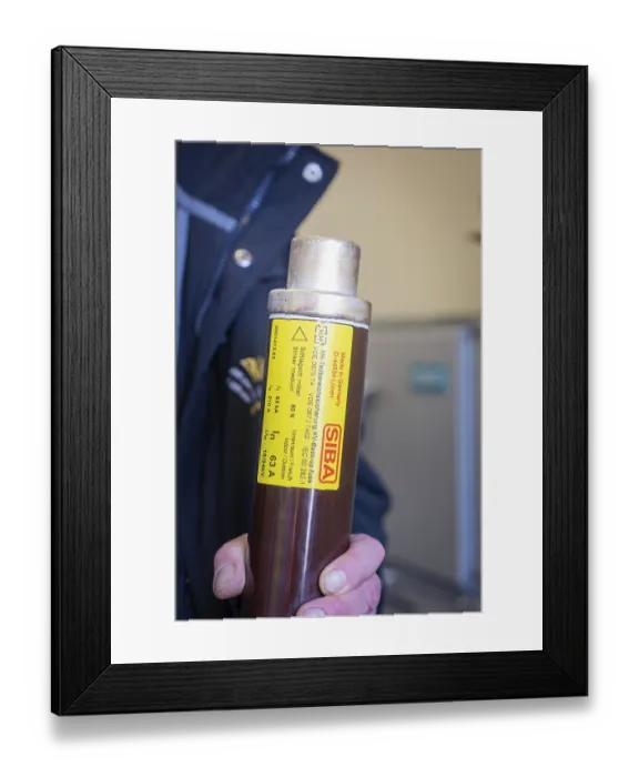 Framed Print : Person holding fuse with SIBA label