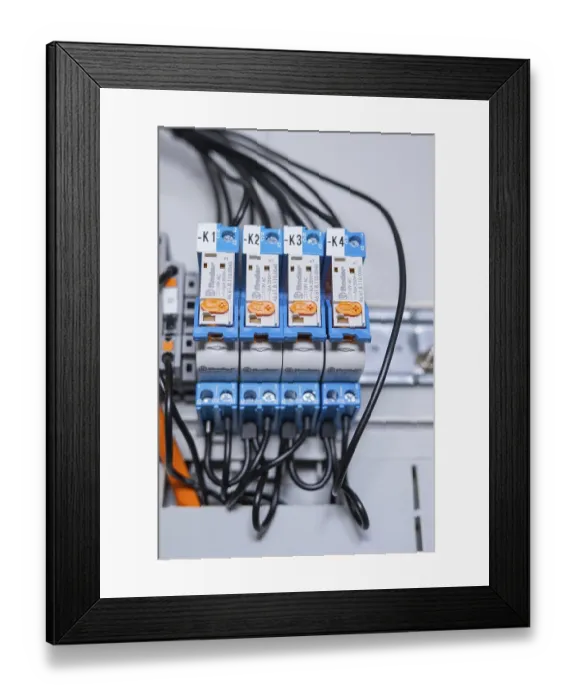 Framed Print : Four blue relays connected in series Framed Print : Four blue relays connected in series