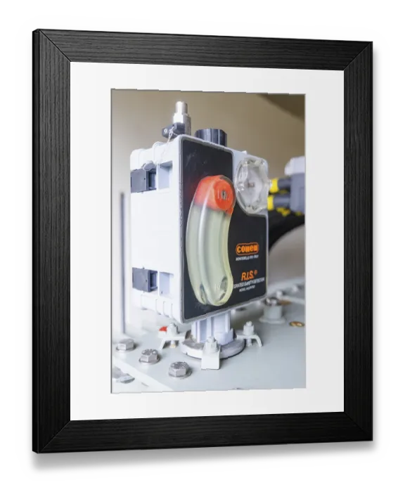 Framed Print : Safety switch in an industrial device with a striking design