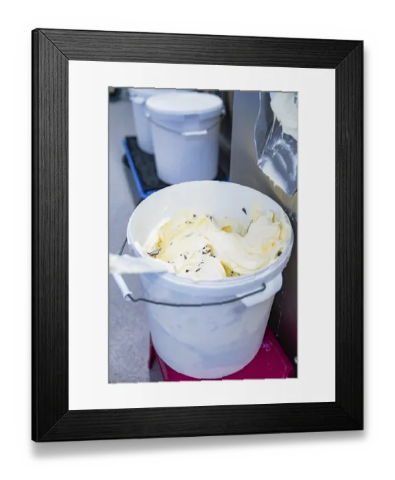 Framed Print : A full bucket of vanilla ice cream with chocolate chips from the production