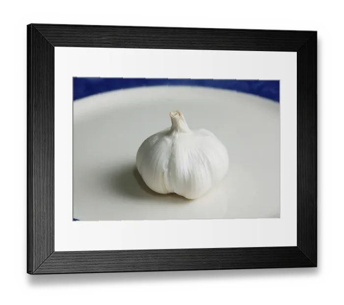 Framed Print : Spices, Garlic bulbous kept on white plate