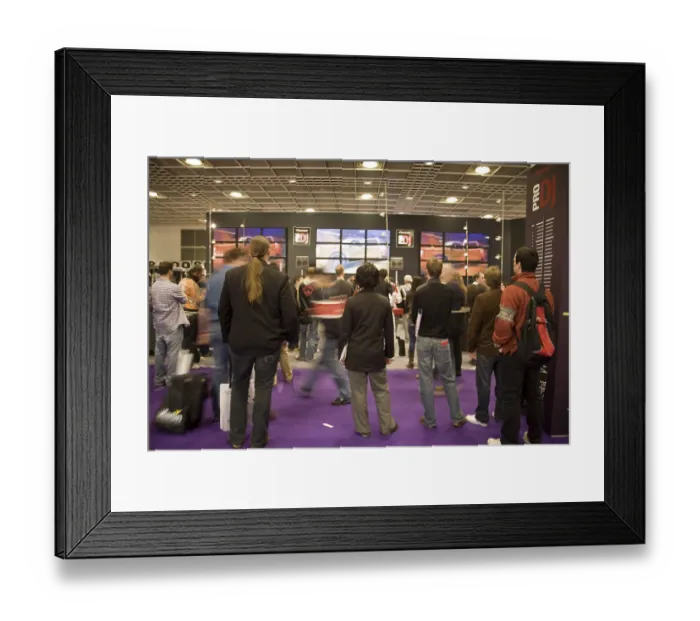 Framed Print : Urban living space people standing and listening music in Exhibition hall