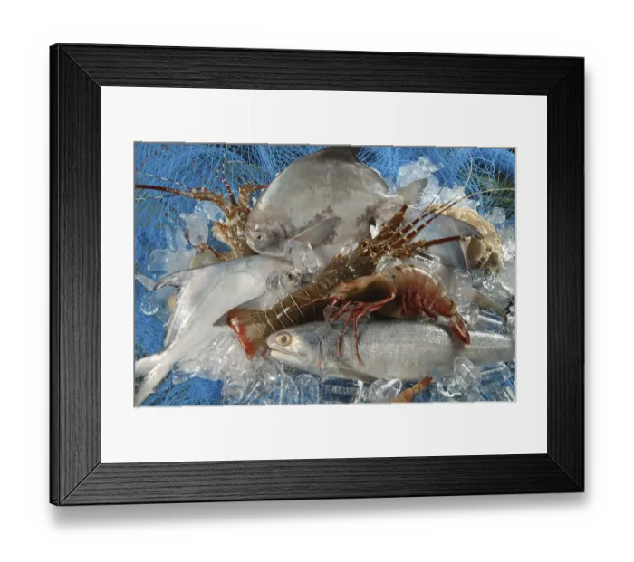 Framed Print : Non Vegetarian, Sea food, dead fish pomfret prawns lobsters Framed Print : Non Vegetarian, Sea food, dead fish pomfret prawns lobsters