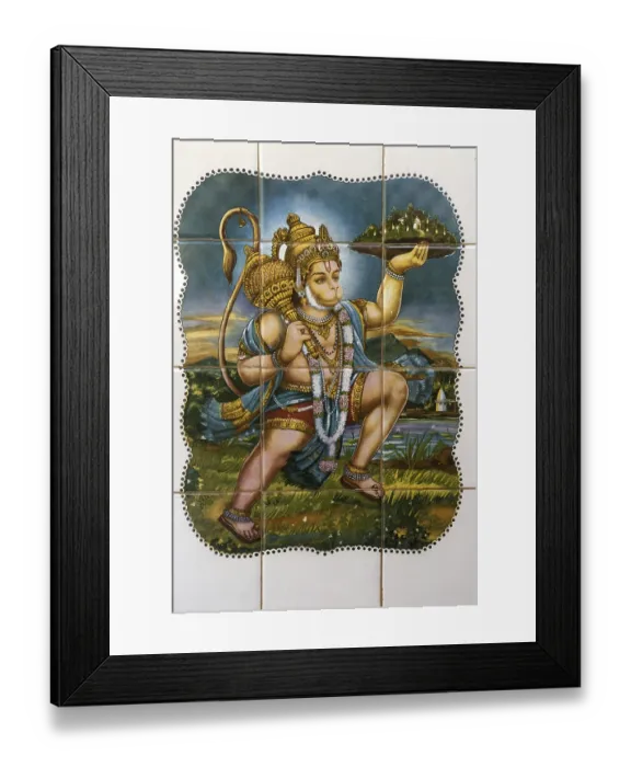 Framed Print : Lord Hanuman monkey God lifting Dronagiri mountain hand Gada right hand painted glazed tiles Temple Devgad fort Framed Print : Lord Hanuman monkey God lifting Dronagiri mountain hand Gada right hand painted glazed tiles Temple Devgad fort