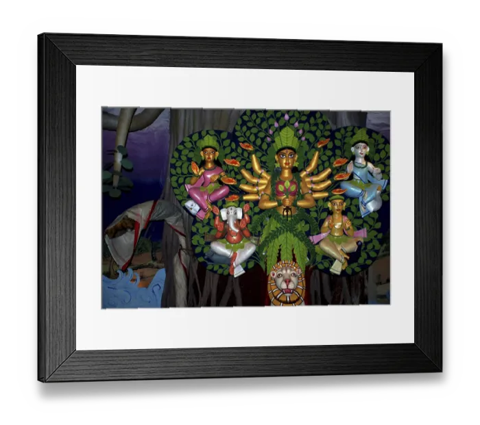 Framed Print : Durga clay model with statues of kartikeya ganesha and lakshmi saraswati on Durga puja