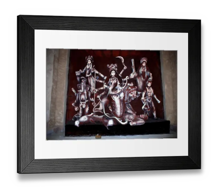 Framed Print : Decorative Durga clay model killing demon mahishasura with statues of kartikeya ganesha