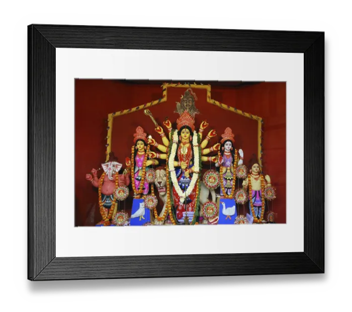 Framed Print : Durga clay model with statues of kartikeya ganesha and lakshmi saraswati on Durga puja