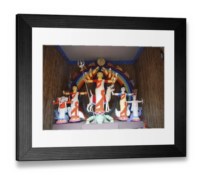 Framed Print : Durga clay model with statues of kartikeya ganesha and lakshmi saraswati on Durga puja