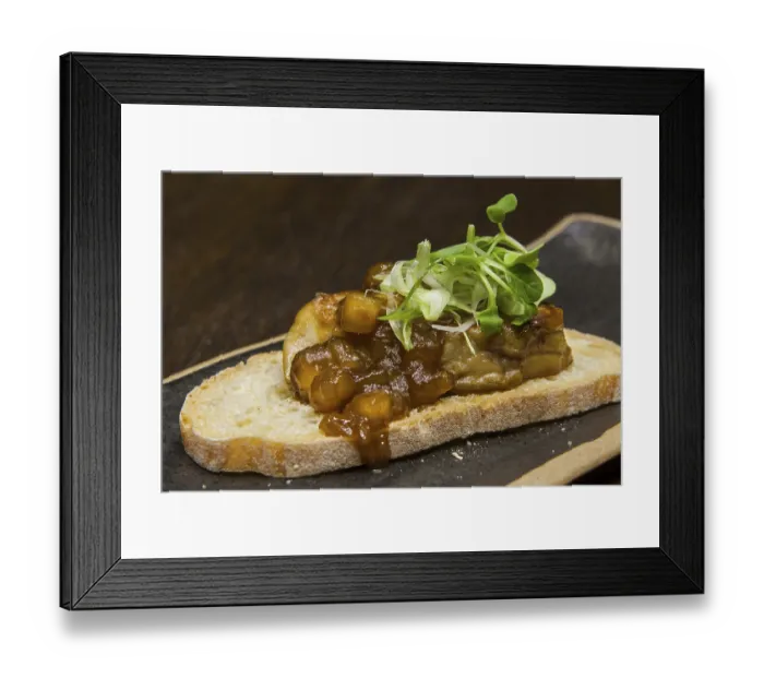 Framed Print : Toast of pork filet with caramelized apple and lamb's lettuce Toast of pork filet with caramelized apple