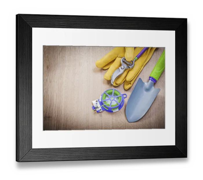 Framed Print : Set of protective gloves metal trowel secateurs garden tie wire on wooden board gardening concept