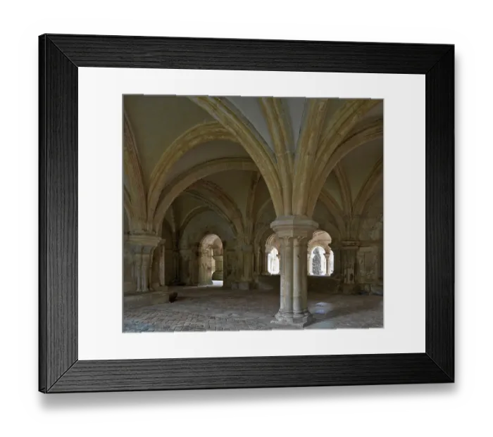 Framed Print : Fontenay former Cistercian monastery chapter house interior with view of the cloister