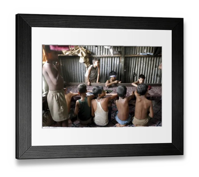 Framed Print : Children working on Zari embroidery in a workshop in Govandi