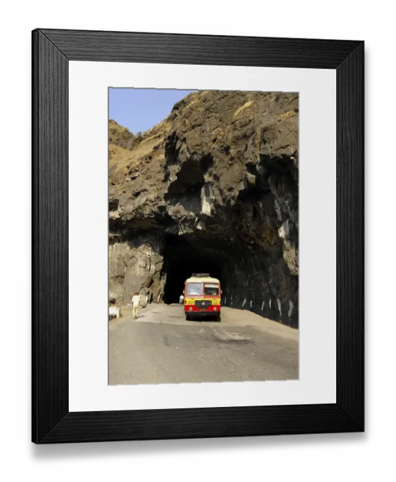 Framed Print : Tunnel constructed by cutting very hard black rock of Sahyadri mountain and state transport bus at Malshej Ghat Framed Print : Tunnel constructed by cutting very hard black rock of Sahyadri mountain and state transport bus at Malshej Ghat