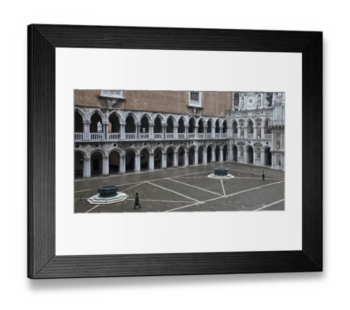 Framed Print : Italy Venice Doge's Palace -106 Courtyard facing north-west left west wing right Arco Foscari below the two bronze