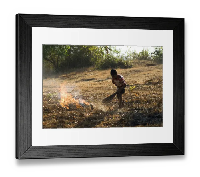 Framed Print : Little boy clearing rubbish and set it on fire at Anjarle village at district Dapoli