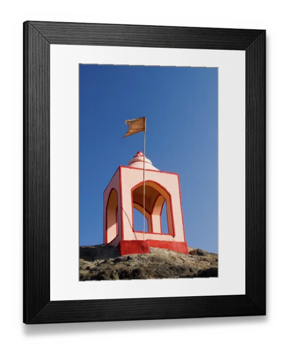 Framed Print : Small temple on hill of Anjarle in morning light giving message of peace