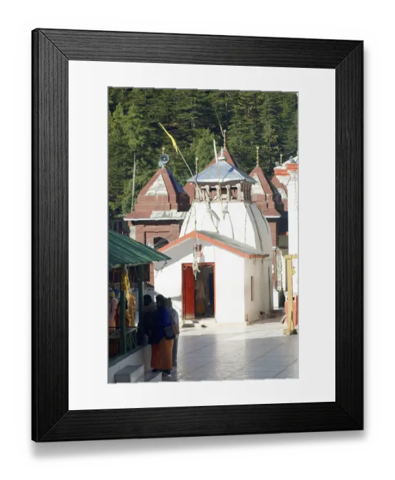 Framed Print : Small temples near main temple of ganga river devi at gangotri in morning time