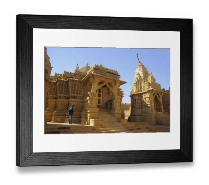 Framed Print : Beautifully carved Jain temple complex made by sandstones at Amarsagar Lake away from Jaisalmer