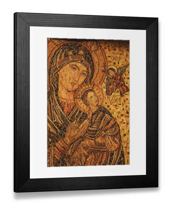 Framed Print : Portrait of Mother Mary and infant Jesus with fairy made of colourful porcelain chips on wall of St