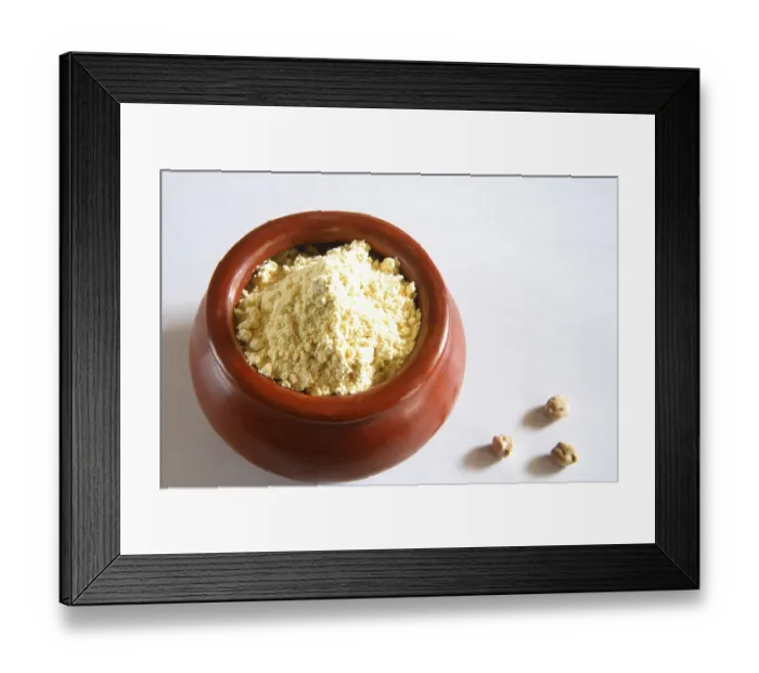 Framed Print : Besan gram flour in clay pot, India