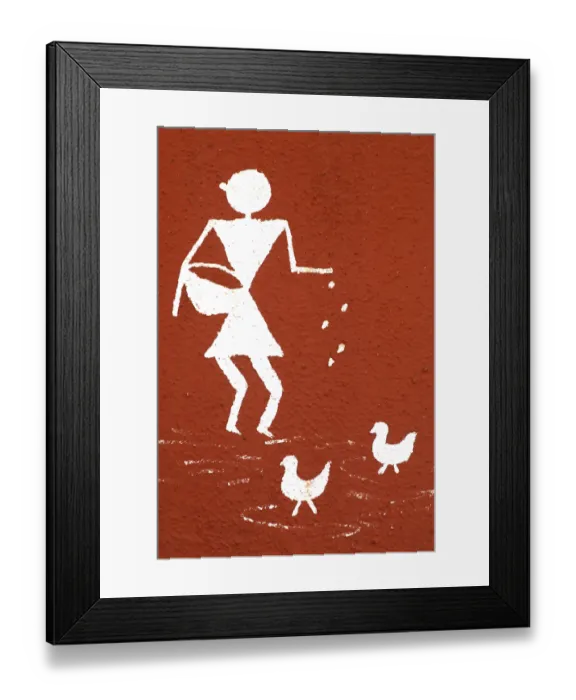 Framed Print : Girl feeding cock, Warli painting on wall Framed Print : Girl feeding cock, Warli painting on wall