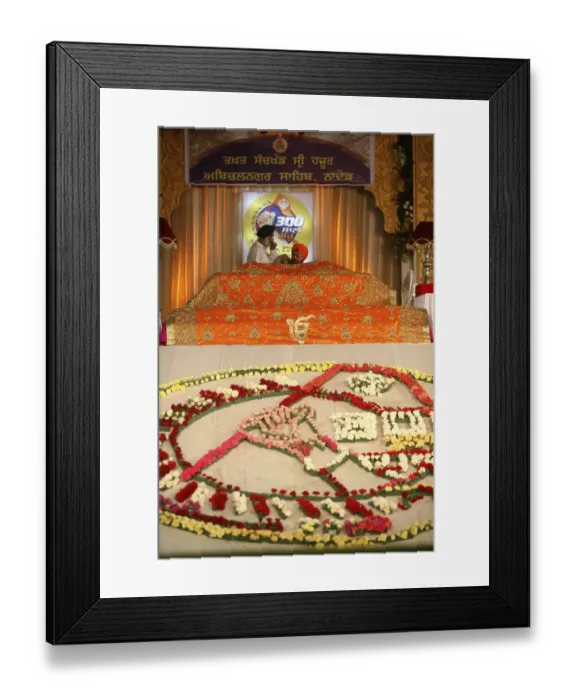 Framed Print : Sikh cleric waves holy Guru Granth Sahib celebration Consecration perpetual Guru Granth Sahib Nanded