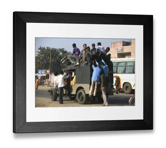 Framed Print : Passengers sitting on top of jeep used local transport system in Jharkhand
