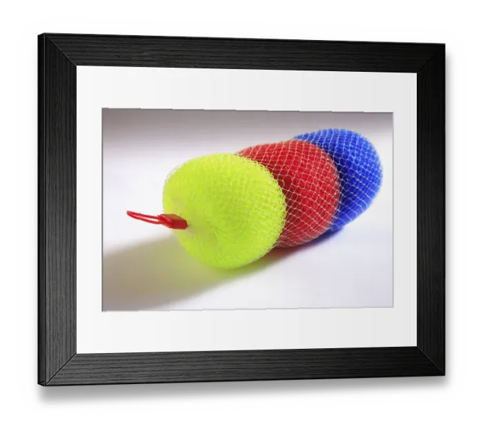 Framed Print : Colourful nylon scouring brush on white background