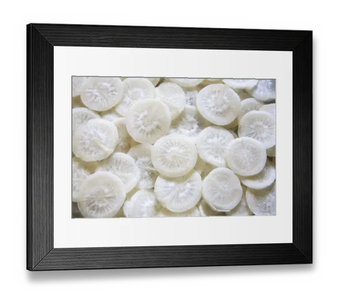Framed Print : Green vegetable, round slices of muli radish raphanus sativa