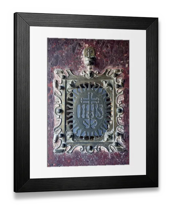 Framed Print : Metal plate fixed on door inside basilica of bom jesus at velha