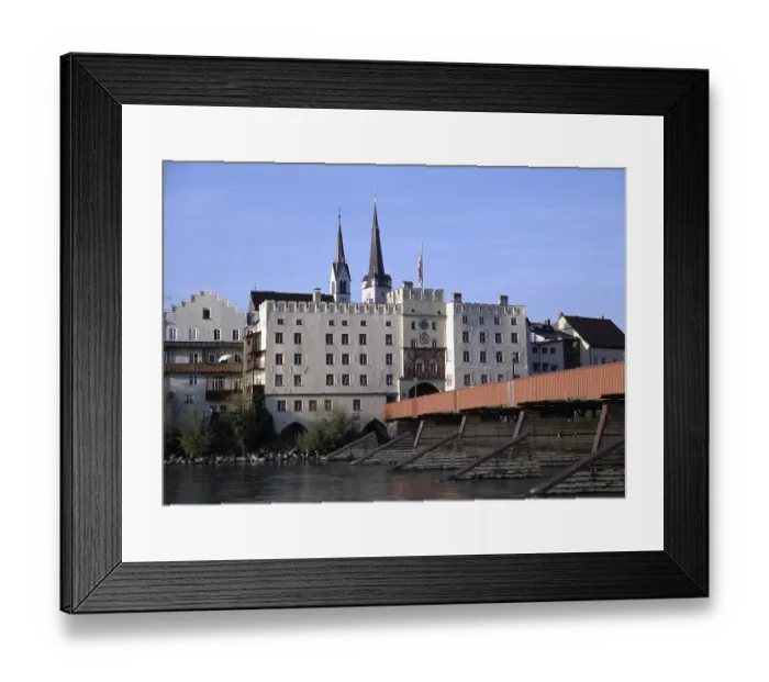 Framed Print : Moated castle / Inn, Inn bridge and Heilig-Geist-Spital hospital