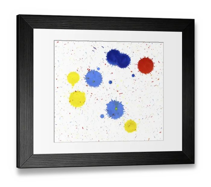 Framed Print : Colored paint splatters in white back