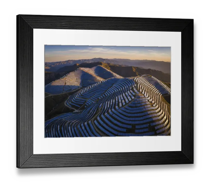 Framed Print : Winding rows of solar panels seamlessly integrated into a mountainous landscape under a dynamic sky Framed Print : Winding rows of solar panels seamlessly integrated into a mountainous landscape under a dynamic sky