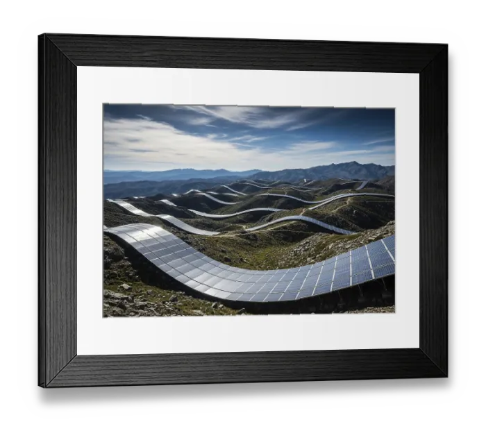 Framed Print : Winding rows of solar panels seamlessly integrated into a mountainous landscape under a dynamic sky