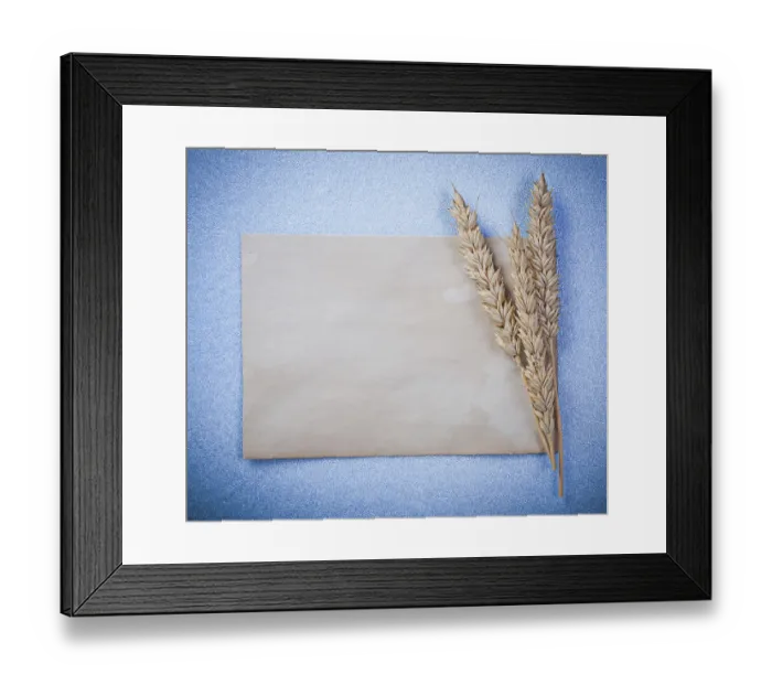 Framed Print : Rye ears vintage blank paper sheet on blue background directly above Framed Print : Rye ears vintage blank paper sheet on blue background directly above