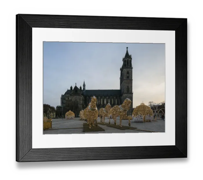 Framed Print : Magdeburg Domplatz 3801 at the back of the cathedral on the square Light sculptures depicting the Magdeburg hemisphere