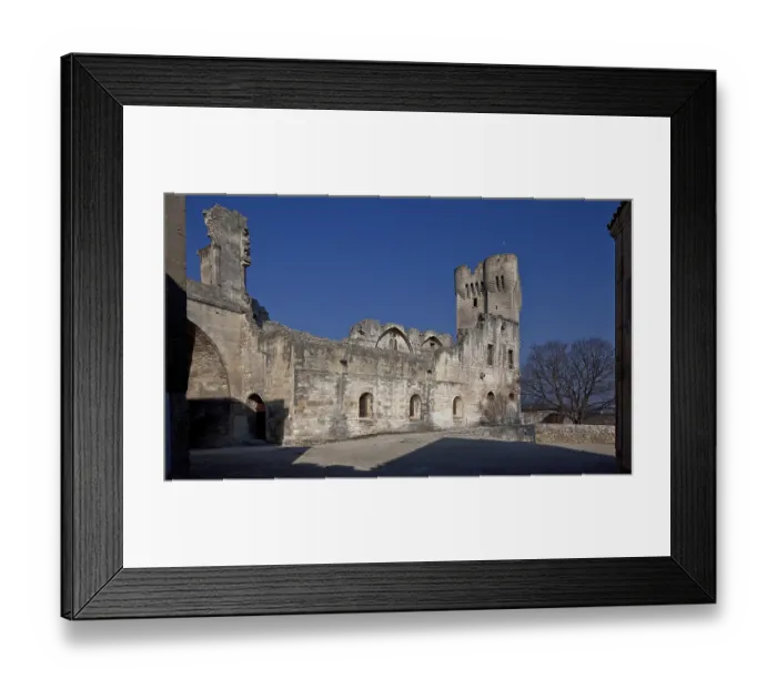 Framed Print : Frankr Montmajour b Arles Benedictine abbey 59860 Romanesque-Gothic cloister ruins behind donjon Framed Print : Frankr Montmajour b Arles Benedictine abbey 59860 Romanesque-Gothic cloister ruins behind donjon