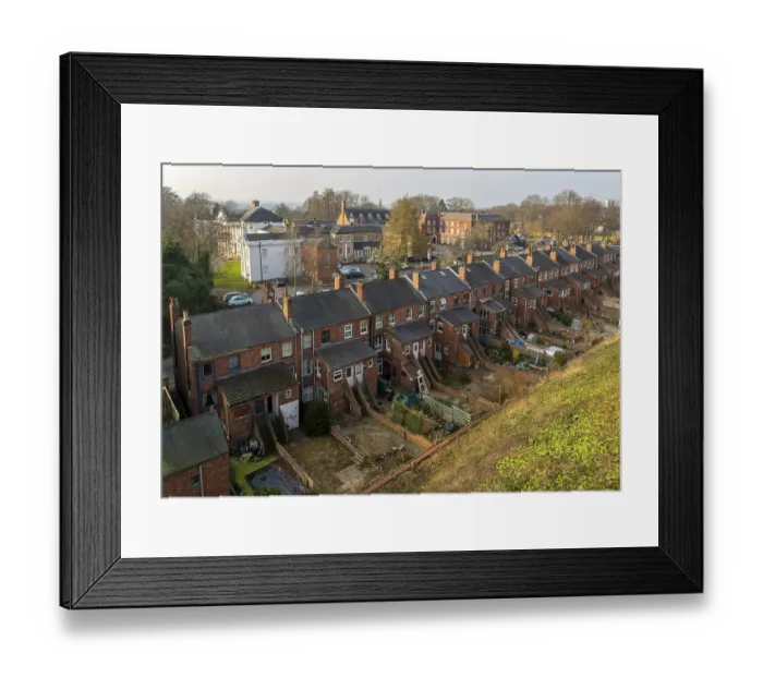 Framed Print : Back gardens and backs of row of terraced housing