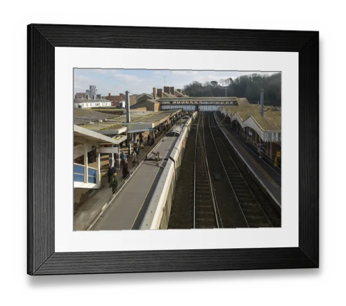 Framed Print : Looking down from above at Greater Anglia train at platforms of Ipswich railway station