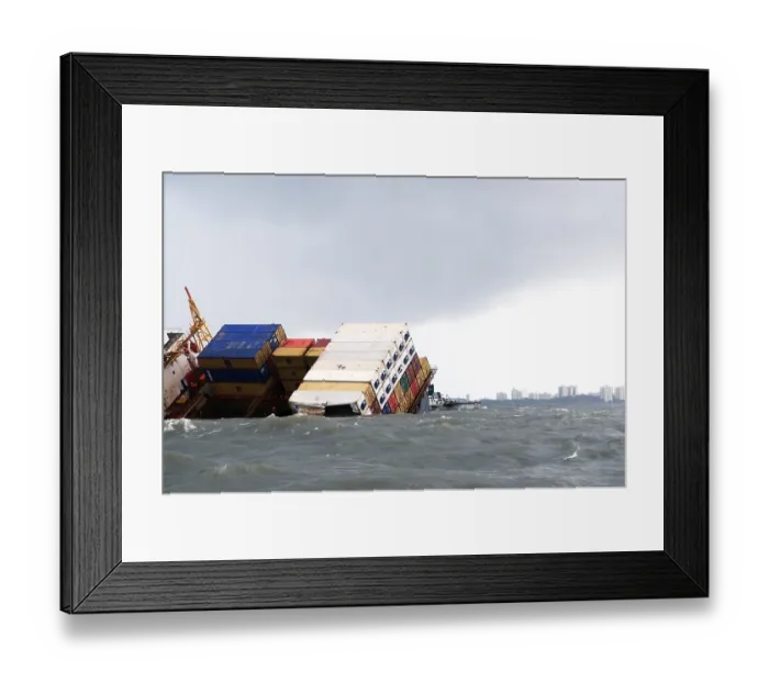 Framed Print : Container ship chitra tilted dangerously colliding in sea