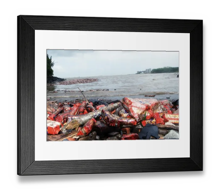 Framed Print : Oil soaked biscuit packets floating due to container ship chitra colliding in sea Bombay Mumbai Framed Print : Oil soaked biscuit packets floating due to container ship chitra colliding in sea Bombay Mumbai
