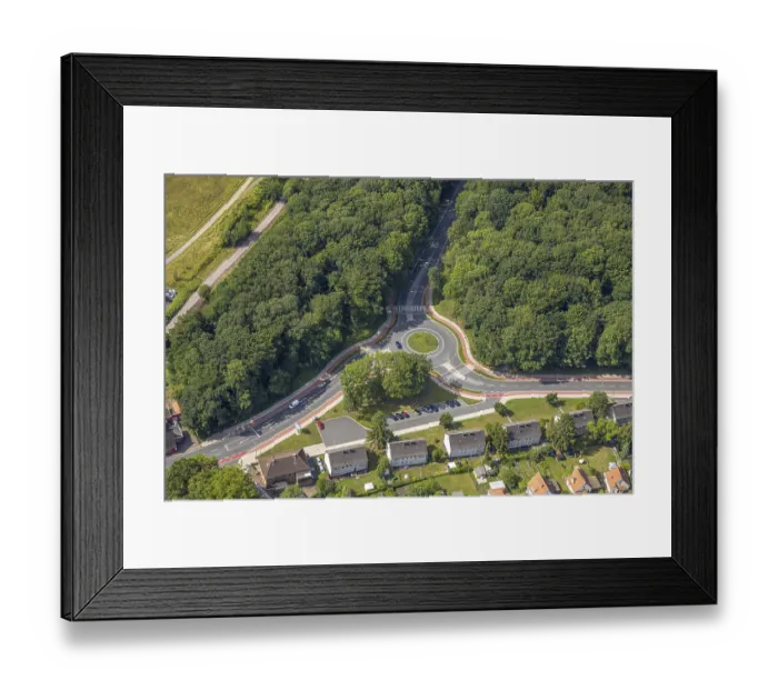 Framed Print : Aerial view, roundabout and cycle paths HammerstraBe and BulowstraBe with wooded area and car park