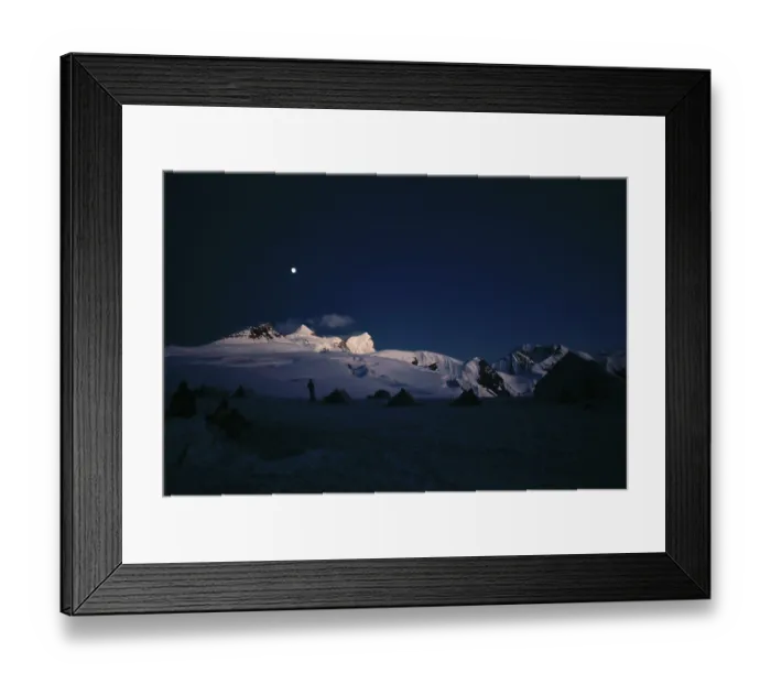 Framed Print : Moon over snow covered peak, campsite, himalaya
